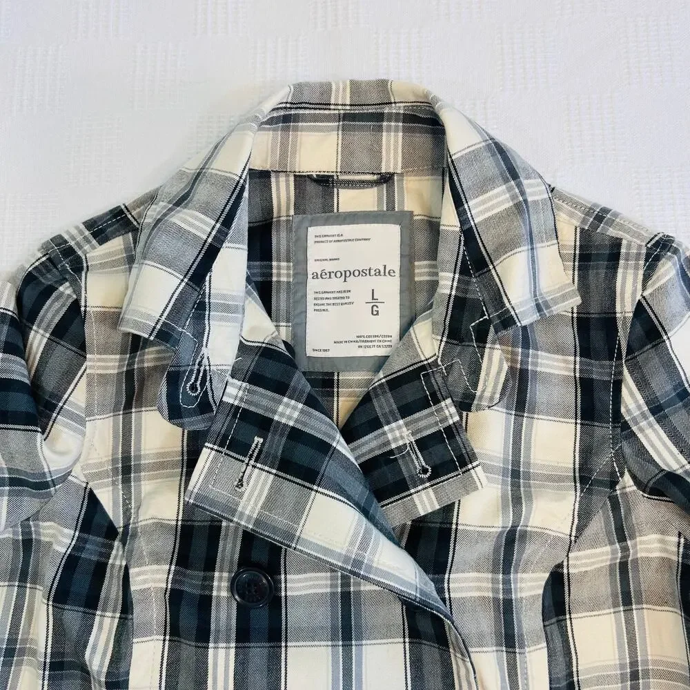 Aeropostale Womens L Double-Breasted Jacket Black White Plaid 100% Cotton